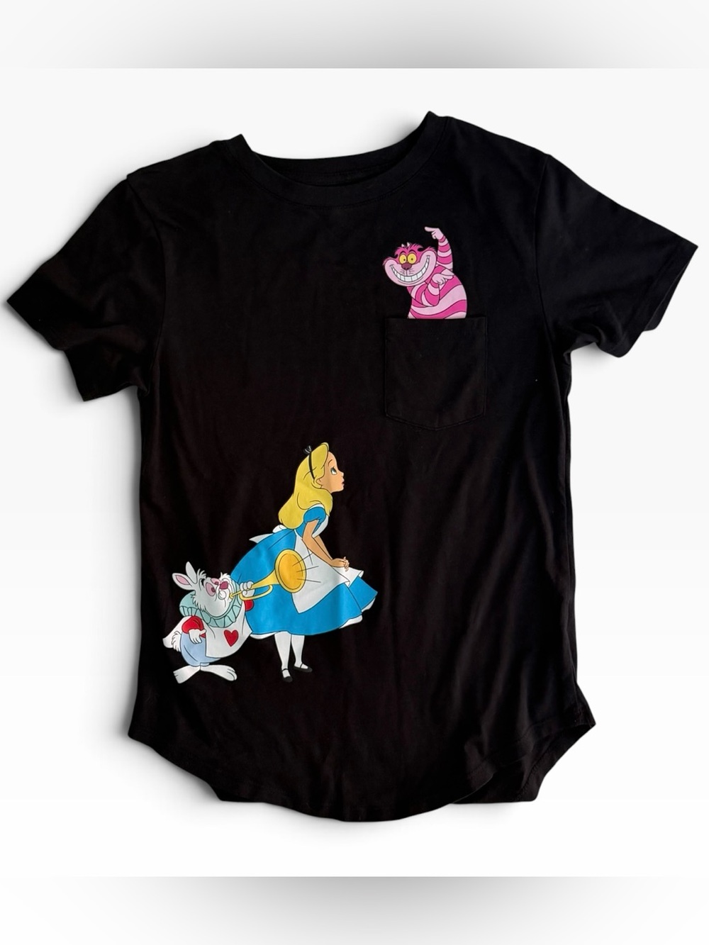 Disney Alice In Wonderland Cheshire Cat pocket T-Shirt Juniors Small (3-5) Black